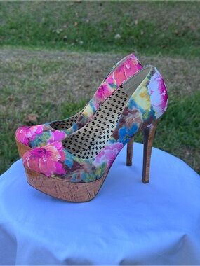 Jessica Simpson Floral Multicolor Cork Platform Heels